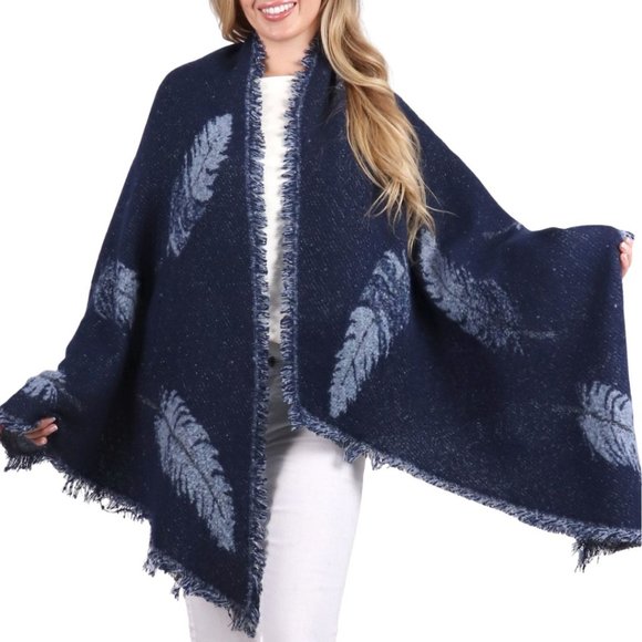 Navy Feathered Patterned Scarf/Cape/Blanket Scarf Reversable 100% Viscose - Picture 2 of 8